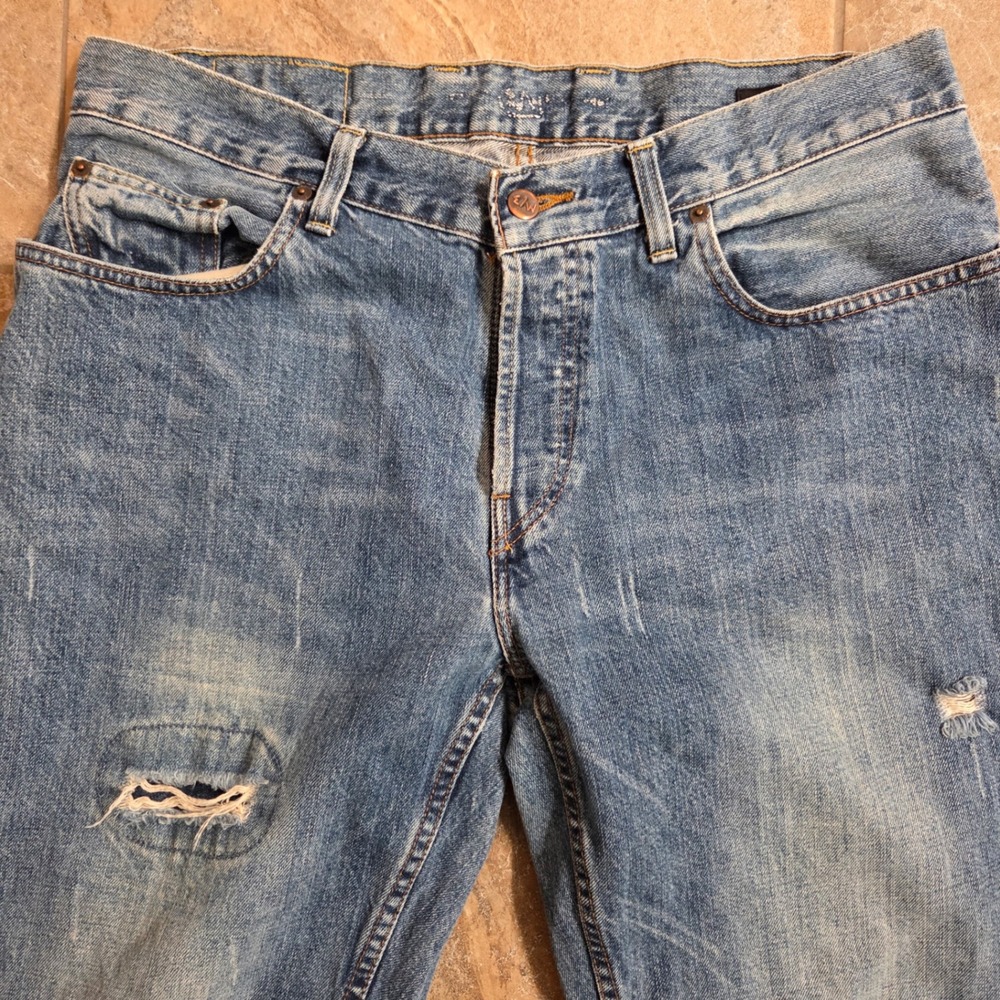 East West Mens Jeans 36x32 Distressed Blue Denim‎ Relaxed Fit Button Fly - Picture 7 of 14
